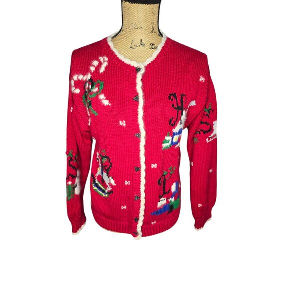 Vintage Belle Pointe Red Knit Christmas Cardigan Sweater - Picture 2 of 16